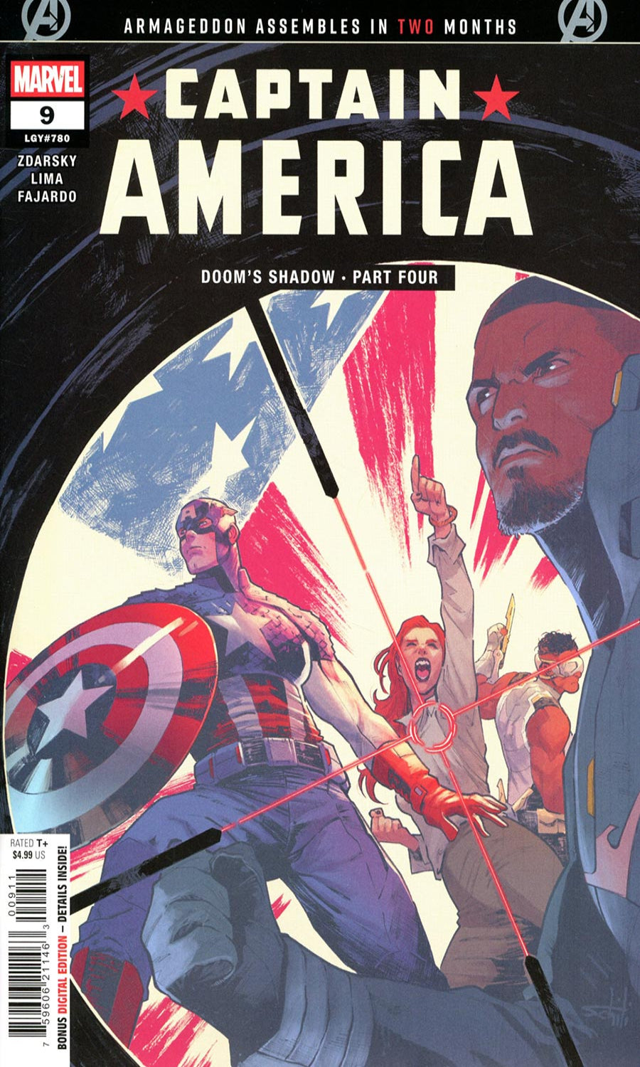 Comic book cover featuring Captain America and other characters with a superhero theme.