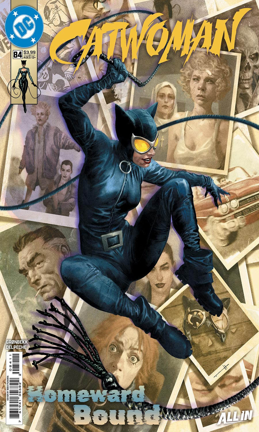 Comic book cover featuring Catwoman in a dynamic pose with vintage-style portraits in the background.