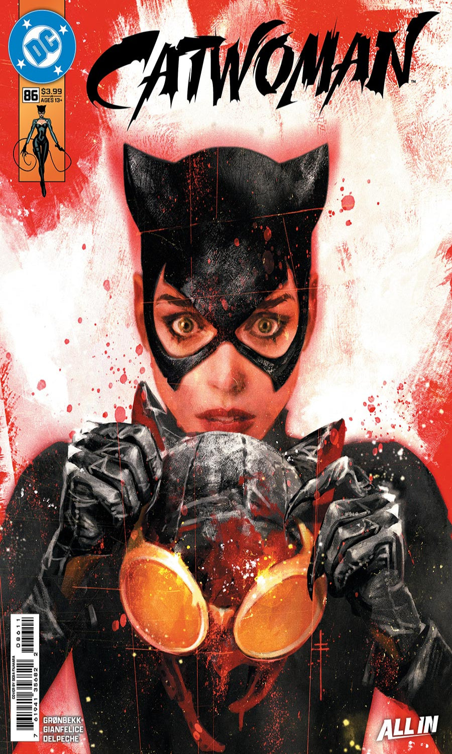 Comic book cover featuring Catwoman with a red and white background