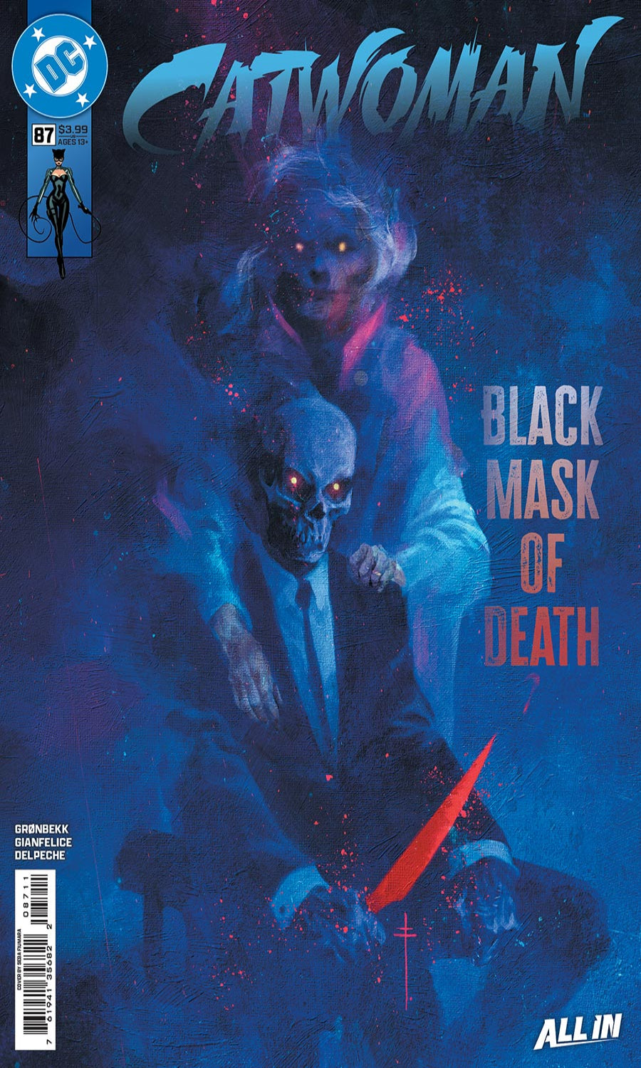Comic book cover featuring a character with a black mask and red knife, titled 'Catwoman'.