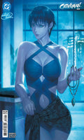 Comic book cover featuring a character in a blue dress with a cityscape background