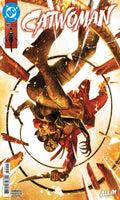 Comic book cover for DC's Catwoman issue #50, featuring Catwoman in a dynamic action pose with a knife, surrounded by debris and dramatic lighting. The DC logo is visible in the top left, and the title 'CATWOMAN' is prominently displayed at the top.