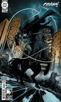 Batman on a black horse in a city scene with lightning, from a comic book cover. Visible text includes DC, All In, Catwoman, and issue number 930.