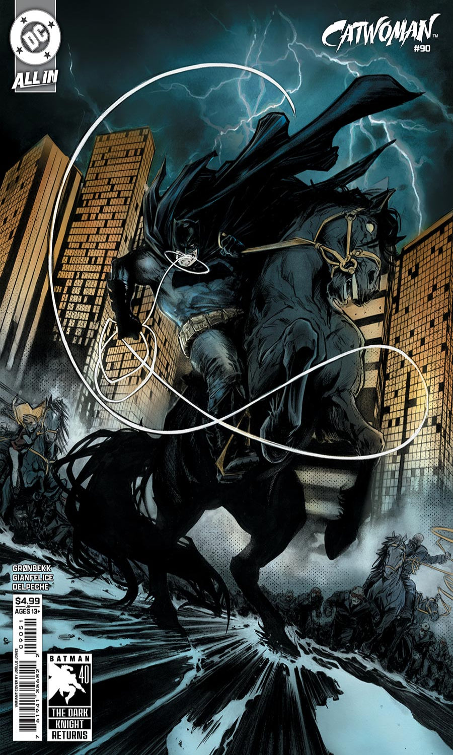 Batman on a black horse in a city scene with lightning, from a comic book cover. Visible text includes DC, All In, Catwoman, and issue number 930.