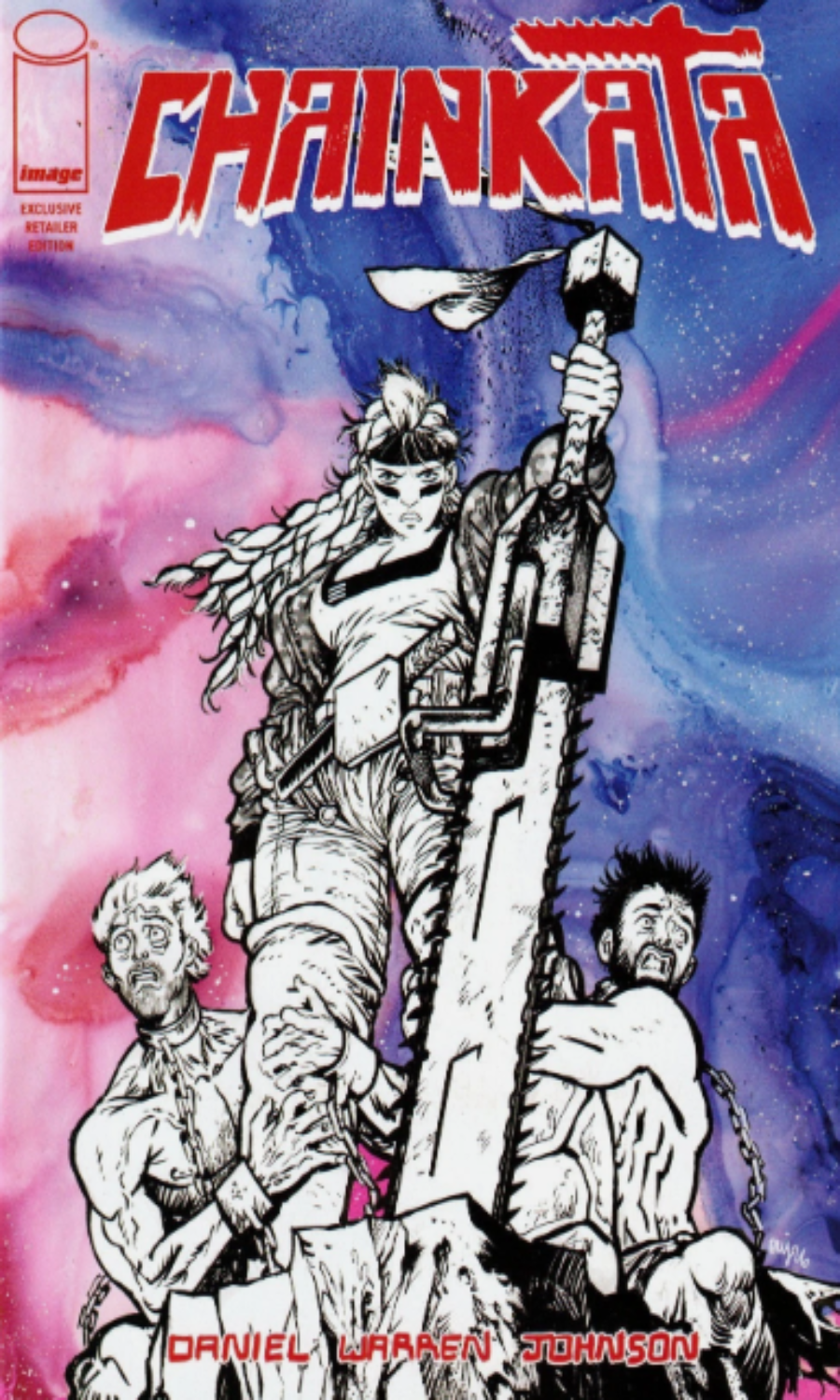 Comic book cover for Chainkara, featuring a black-and-white illustrated character holding a chainsaw against a pink, purple, and blue cosmic background, with the title 'CHAINKARA' in large red letters at the top.