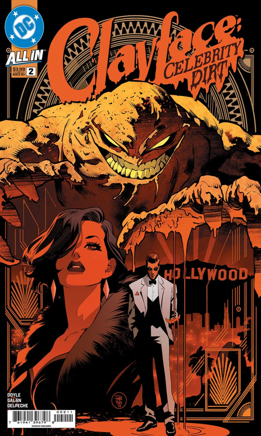 Comic book cover for Clayface: Celebrity Dirt issue 2, featuring a stylized orange and black illustration of Clayface, a woman in a black outfit, and a man in a white suit with a cane, with the DC logo in the top left corner.