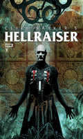 Comic book cover for Clive Barker's Hellraiser #1, featuring the character Hellboy standing in front of a dark, ornate background with chains and gears. The title 'HELLRAISER' is printed in large white letters at the top, with 'CLIVE BARKER'S' above it and 'BOOM' with issue number 1 on the left.