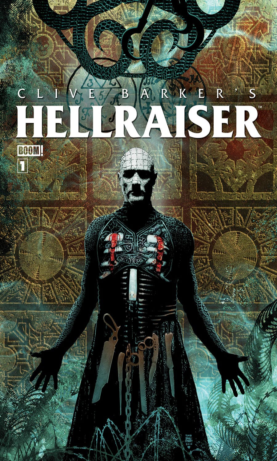 Comic book cover for Clive Barker's Hellraiser #1, featuring the character Hellboy standing in front of a dark, ornate background with chains and gears. The title 'HELLRAISER' is printed in large white letters at the top, with 'CLIVE BARKER'S' above it and 'BOOM' with issue number 1 on the left.