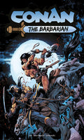 Comic book cover featuring Conan the Barbarian with a warrior on horseback and another figure in the foreground.