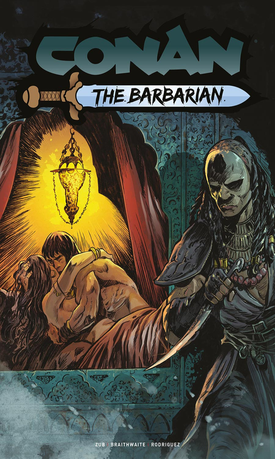 Comic book cover featuring a warrior and a woman in a dimly lit room with 'Conan the Barbarian' title.