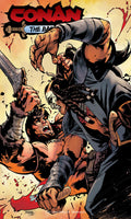 Comic book cover featuring a warrior holding a creature with 'Conan the Barbarian' at the top.