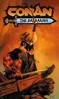 Comic book cover for Conan: The Barbarian, featuring illustrated artwork of Conan holding a sword and a woman raising her arm, with the title text at the top on a fiery orange background.