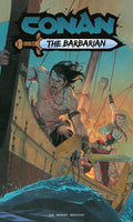 Comic book cover featuring 'Conan the Barbarian' with a warrior and woman on a ship.