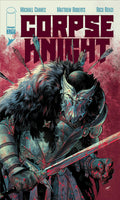 Comic book cover of 'Corpse Knight' with a character in armor and fur against a red background.