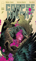 Comic book cover titled 'Corpse Bride' with a character surrounded by flowers and wings.