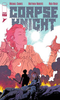 Comic book cover for Corpse Knight Issue #2 by Michael Chaves, Matthew Roberts, and Rico Renzi, published by Image Comics. The cover art features a stylized illustration of a figure in ornate armor with glowing pinkish-red hair and a bright sunburst behind them, with dark smoke, flames, and a silhouetted figure in the foreground.