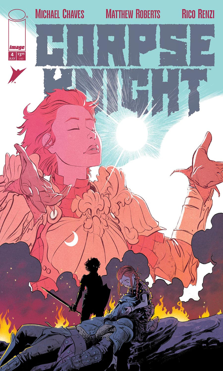 Comic book cover for Corpse Knight Issue #2 by Michael Chaves, Matthew Roberts, and Rico Renzi, published by Image Comics. The cover art features a stylized illustration of a figure in ornate armor with glowing pinkish-red hair and a bright sunburst behind them, with dark smoke, flames, and a silhouetted figure in the foreground.