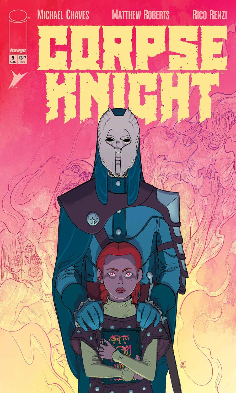 Comic book cover of 'Corpse Knight' with a character holding another against a pink and yellow background.
