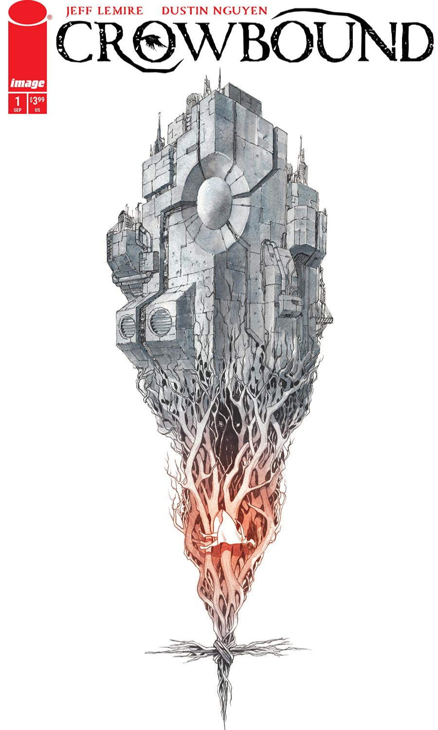 Comic book cover of 'Crowbound' with a futuristic tower and tree-like roots.