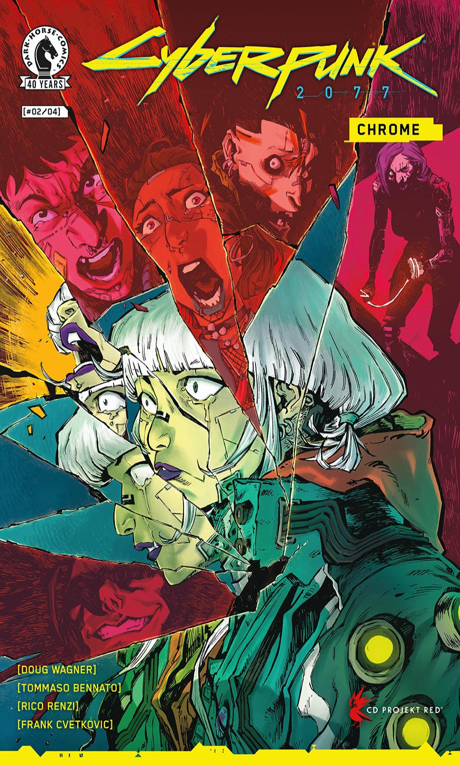 Cover of 'Cyberpunk 2077 Chrome' with stylized characters and vibrant colors.