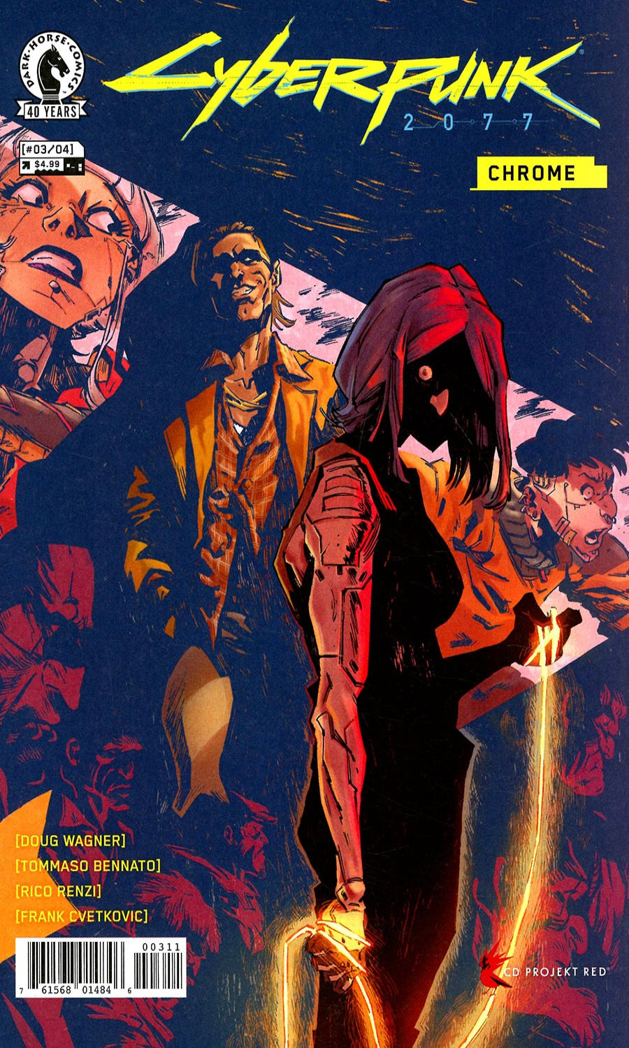 Comic book cover of 'Cyberpunk 2077' with characters and futuristic elements.
