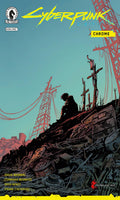 Cover of 'Cyberpunk 2077 Chrome' with a silhouette of a person on a hilltop.
