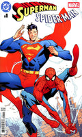 Superman and Spider-Man on a comic book cover with cityscape background