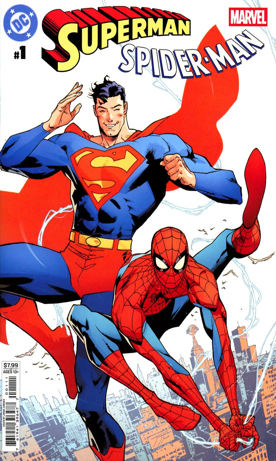 Superman and Spider-Man on a comic book cover with cityscape background