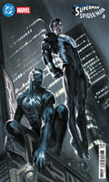 Comic book cover featuring Superman and Spider-Man with a cityscape background.