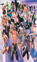 Comic book cover featuring a group of superheroes in action poses against a purple background.