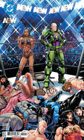 Comic book cover featuring superhero and wrestler characters with a wrestling ring background.