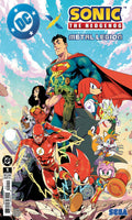 Comic book cover featuring superhero characters and Sonic the Hedgehog with DC logo and 'Metal Legion' text.