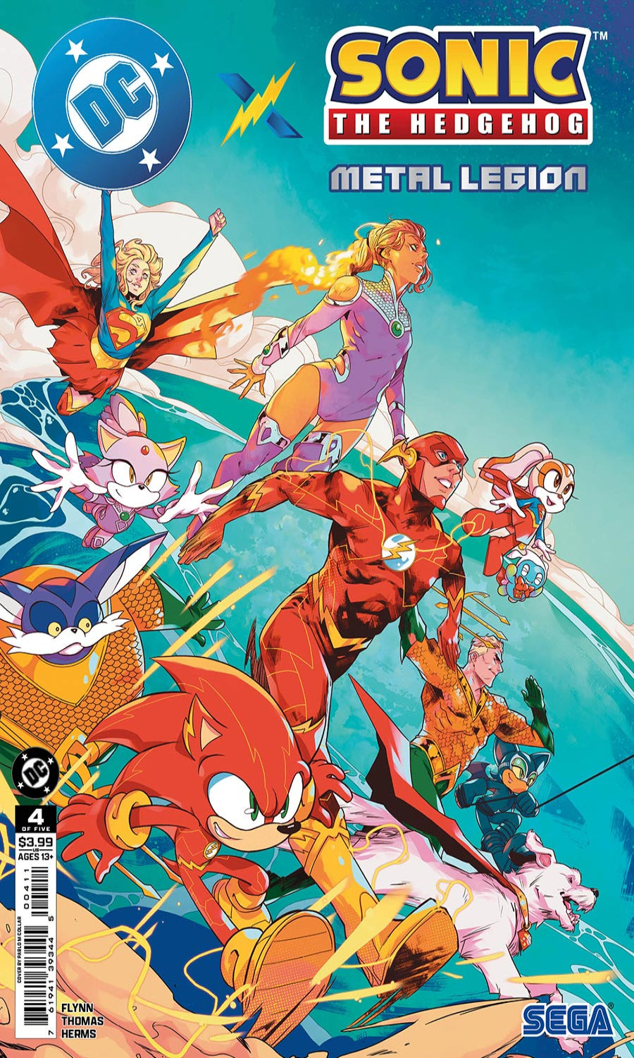 Comic book cover for Sonic the Hedgehog Metal Legion issue 4, featuring multiple DC and Sega characters including Sonic, the Flash, Tails, Knuckles, and others in an action scene on a bright blue background.