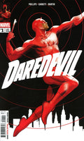Comic book cover of Daredevil with superhero in red suit against a cityscape background
