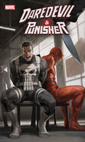 Comic book cover featuring Daredevil and Punisher with a knife in the background.