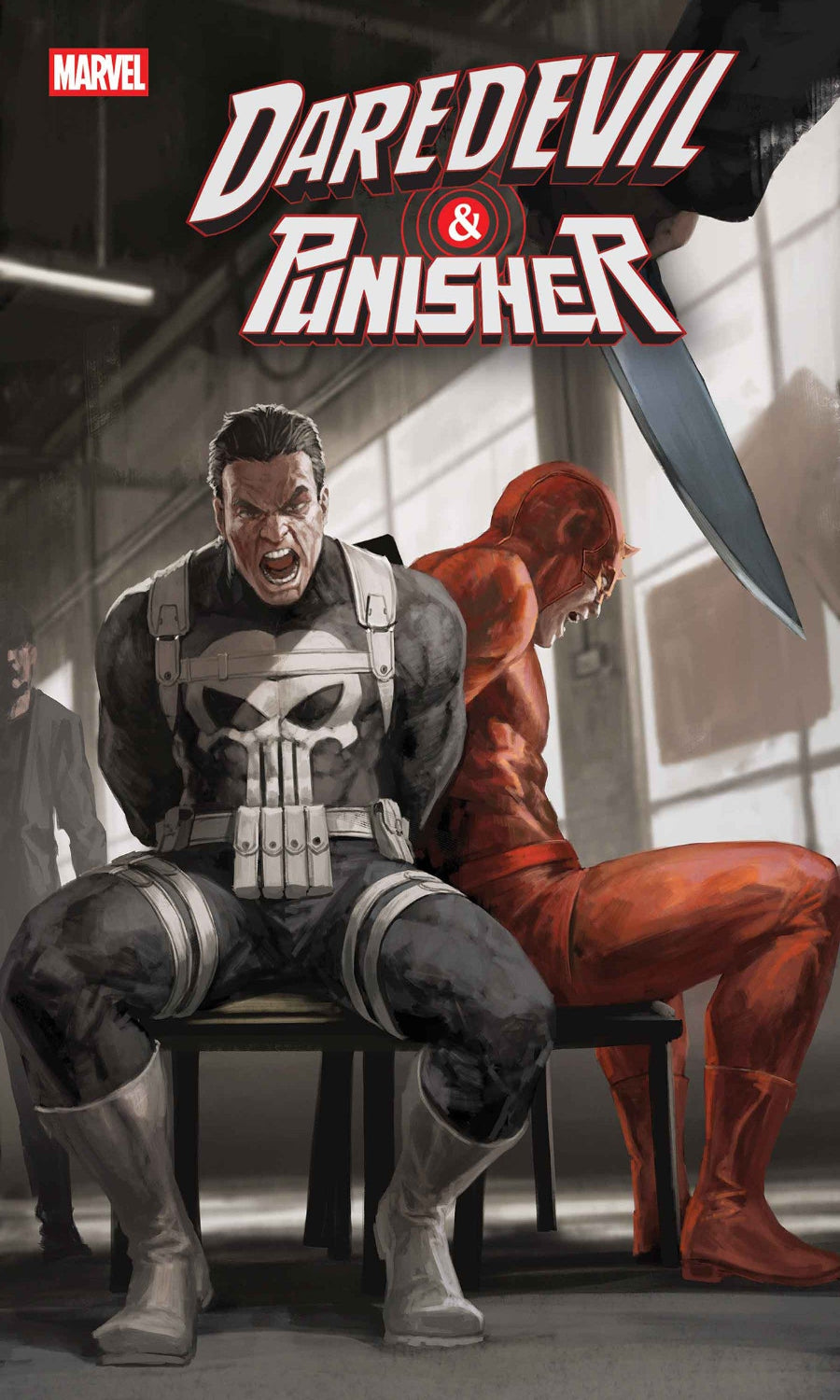 Comic book cover featuring Daredevil and Punisher with a knife in the background.