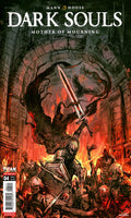 Comic book cover of 'Dark Souls: Mother of Mourning' with a warrior holding a sword in a dark, fiery setting.
