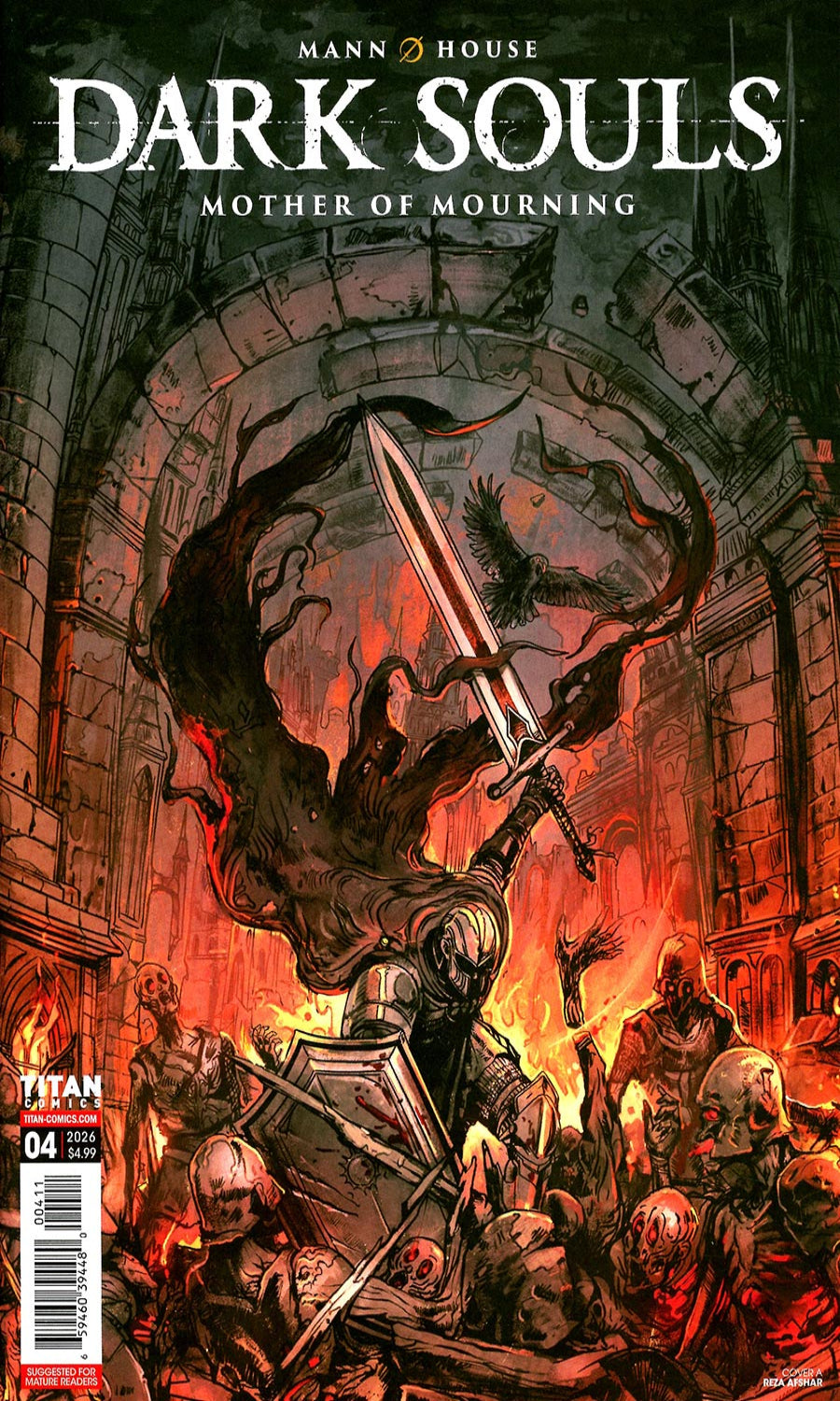 Comic book cover of 'Dark Souls: Mother of Mourning' with a warrior holding a sword in a dark, fiery setting.