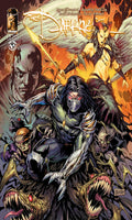 Comic book cover featuring a warrior and other characters with a fiery background