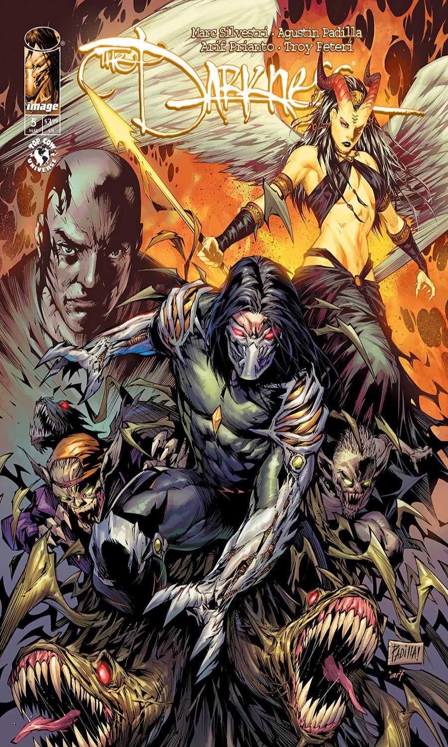 Comic book cover featuring a warrior and other characters with a fiery background
