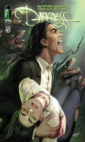 Comic book cover of 'The Darkness' with a character holding another person amidst greenery and creatures.