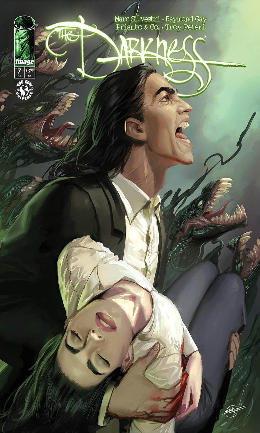 Comic book cover of 'The Darkness' with a character holding another person amidst greenery and creatures.