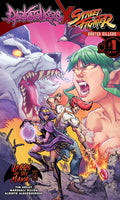 Comic book cover featuring characters from Darkstalkers and Street Fighter with a colorful background.