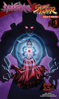 Comic book cover featuring a dark silhouette with glowing eyes and a character in a red dress holding a rose, on a purple background.
