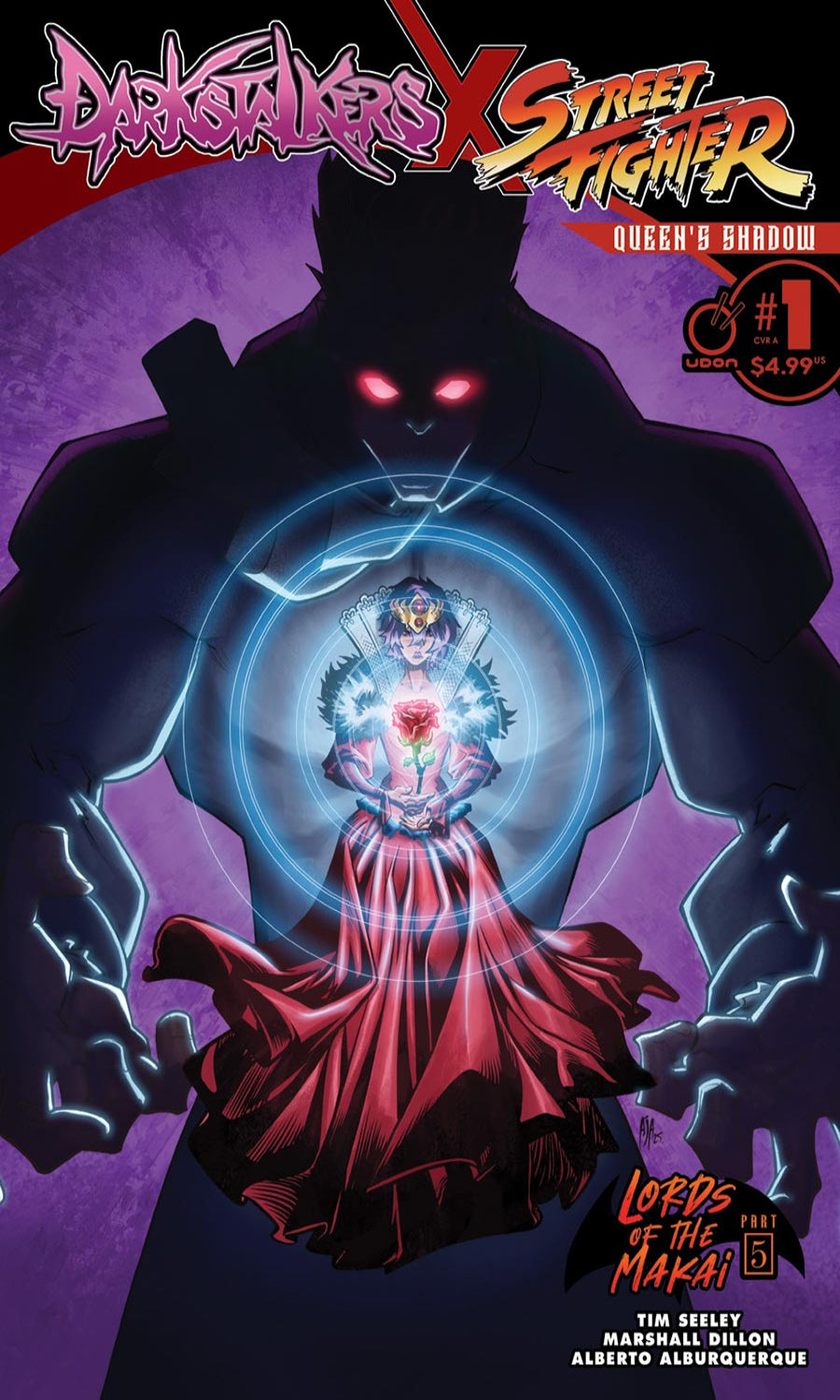 Comic book cover featuring a dark silhouette with glowing eyes and a character in a red dress holding a rose, on a purple background.