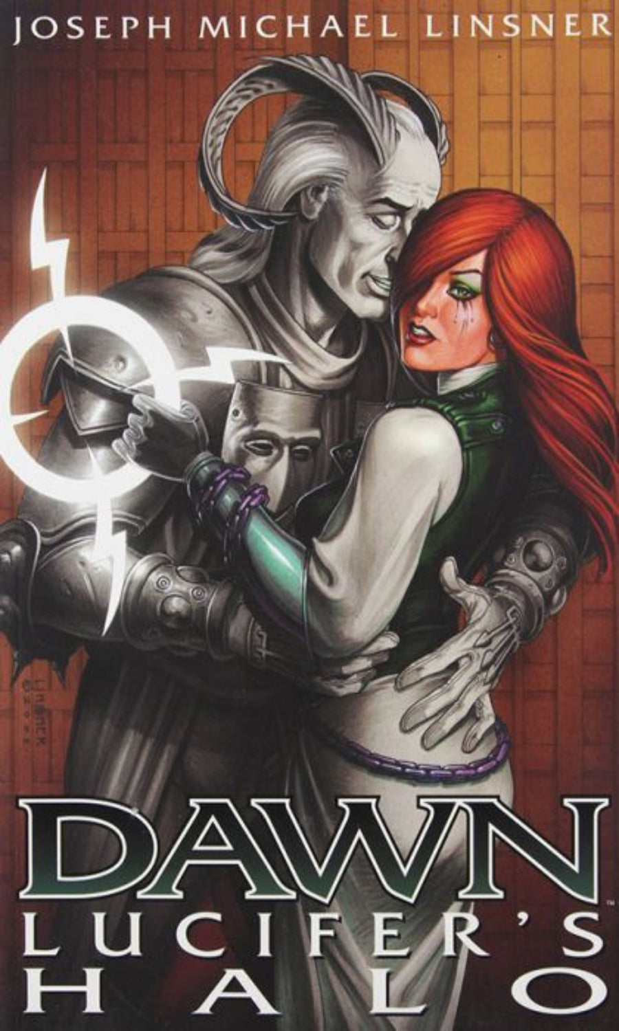 Cover of 'Dawn: Lucifer's Halo' featuring a warrior and a woman with red hair.