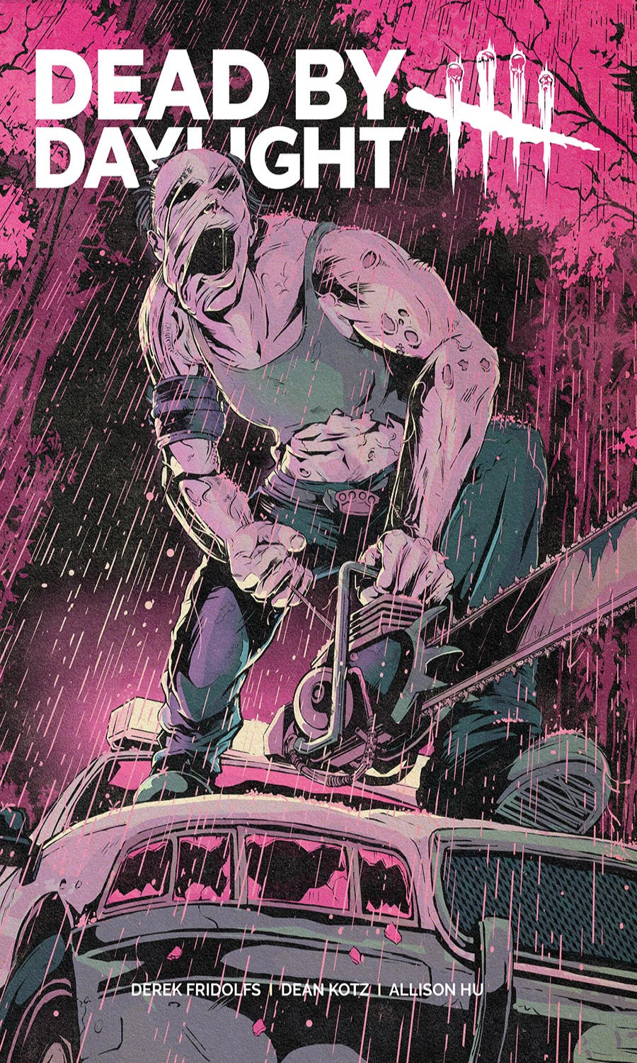 Character from 'Dead by Daylight' on a car with a pink and black background