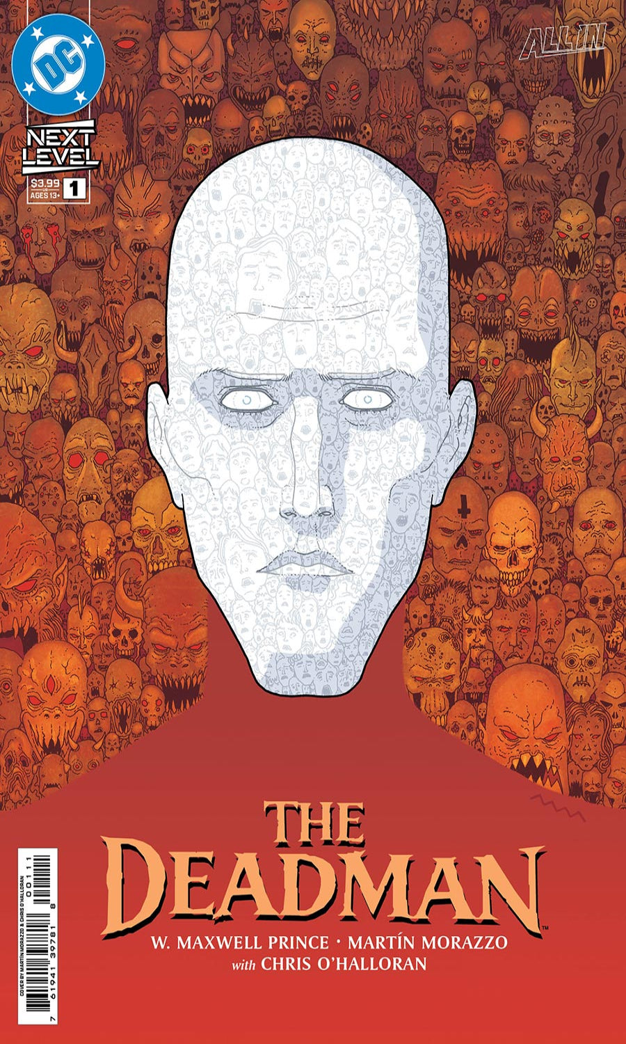 Comic book cover of 'The Deadman' with a white face on a red background and DC logo.