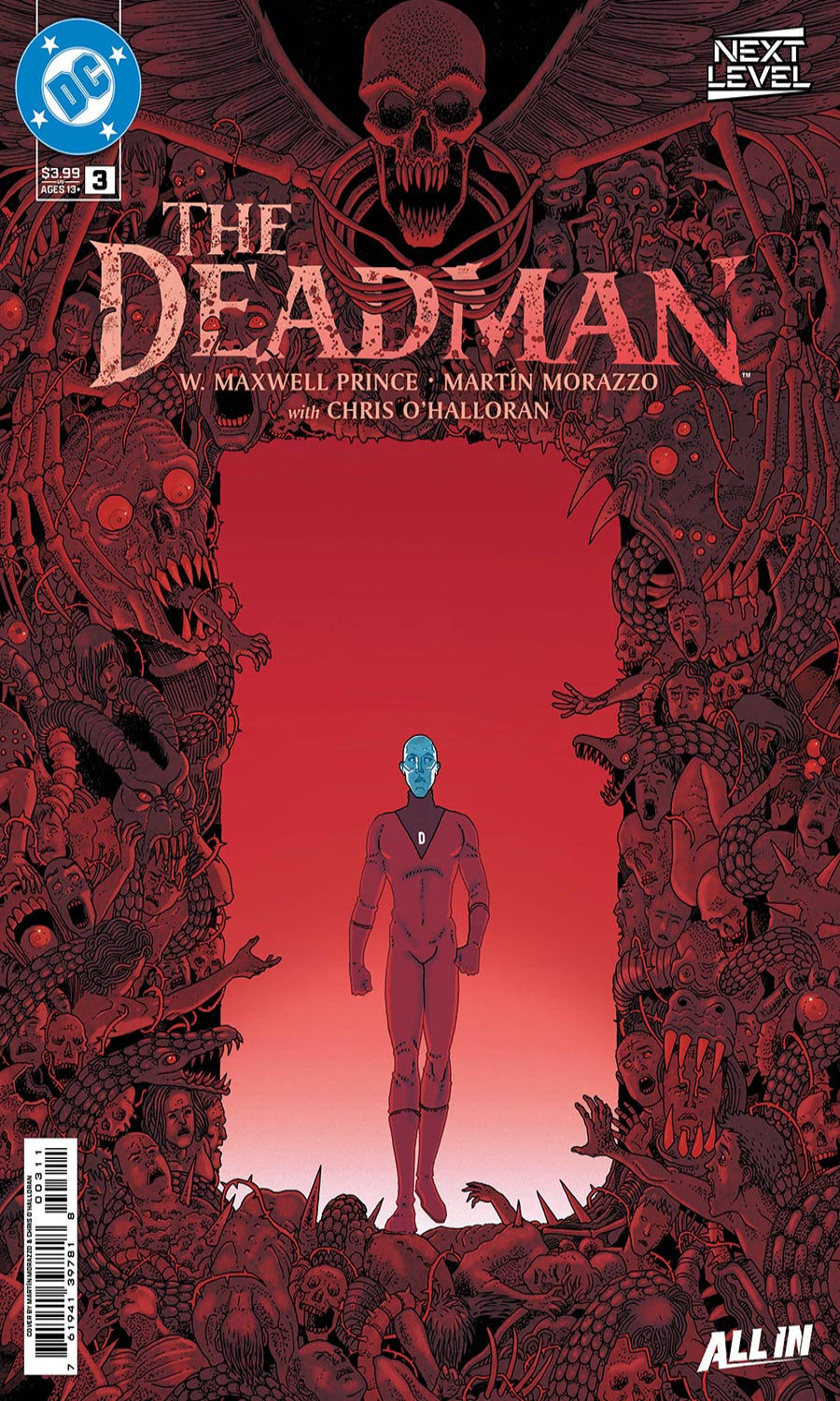 The Deadman comic book cover featuring a central figure with glowing blue skin standing in a red portal framed by dark, monstrous creatures. The DC logo is visible in the top left, with 'Next Level' and 'Allin' text at the top and bottom.