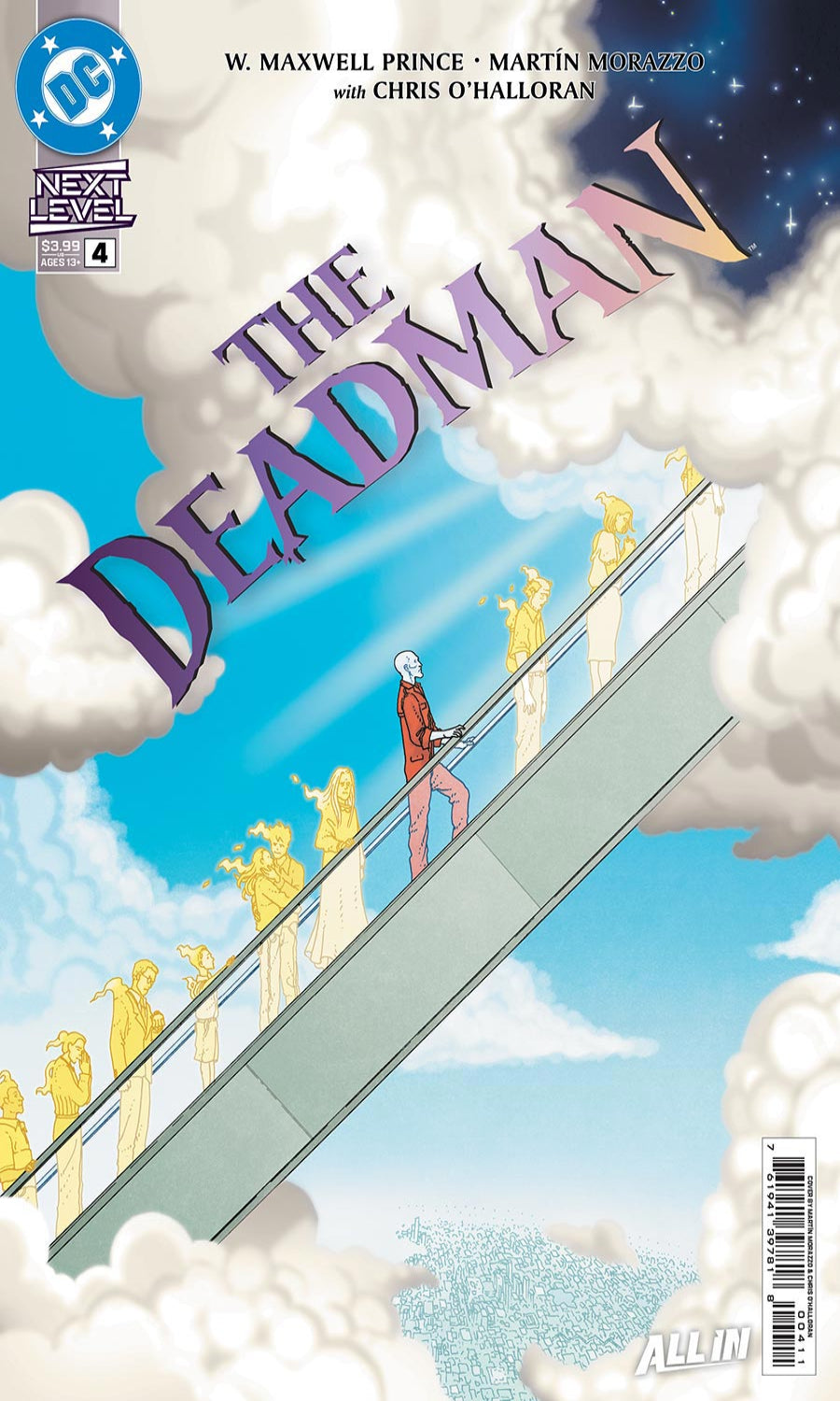 Comic book cover for The Deadman issue 4, featuring a stylized illustration of a man walking up a staircase through clouds toward golden statues under a blue sky. The DC logo and Nextel branding are visible, along with the title 'The Deadman' in large purple lettering.